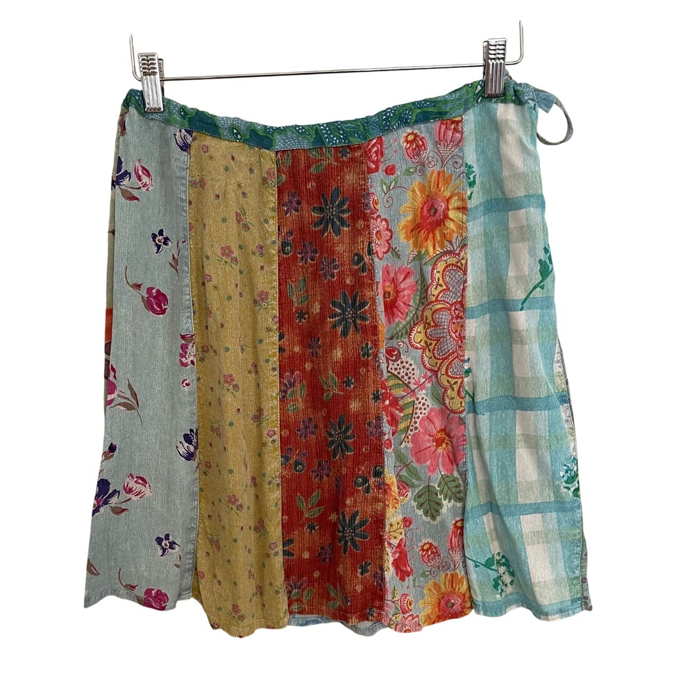 Sacred Threads Patchwork Floral Wrap Mini Skirt Multicolor Rayon Size ML India